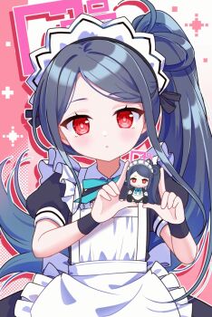 1girl alternate_costume alternate_hairstyle antenna_hair apron aqua_ribbon back_bow black_dress black_wrist_cuffs blue_archive blush borrowed_clothes bow bright_pupils character_doll chinese_commentary collared_dress commentary_request contrast_collar doll dress drop_shadow floating_hair frilled_apron frills grey_hair halftone halftone_background halo hands_up high_ponytail highres holding holding_doll kei_(blue_archive) long_hair long_sidelocks looking_at_viewer lossy-lossless maid maid_apron maid_headdress making-of_available miomio1568315 neck_ribbon outline parted_bangs parted_lips pink_halo ponytail puffy_short_sleeves puffy_sleeves rectangular_halo red_background red_eyes ribbon ringed_eyes short_sleeves sidelocks solo straight-on two-tone_background upper_body very_long_hair video_crop white_apron white_background white_headdress white_outline white_pupils wrist_cuffs