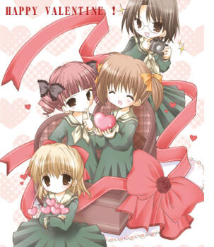 00s 4girls ^_^ blonde_hair bow brown_hair camera closed_eyes drill_hair closed_eyes finger_to_mouth fukuzawa_yumi green_shirt green_skirt hair_bow happy_valentine heart heart_background in_container lowres maria-sama_ga_miteru matsudaira_touko multiple_girls naitou_shouko nanase_miori ribbon school_uniform shirt short_hair shouko skirt smile takeshima_tsutako twin_drills two_side_up valentine
