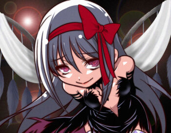 10s 1girl akemi_homura akuma_homura argyle_clothes argyle_thighhighs bare_shoulders black_gloves black_hair bow choker dress elbow_gloves feathered_wings female_focus gloves hair_bow heart heart-shaped_pupils leaning_forward lens_flare long_hair looking_at_viewer mahou_shoujo_madoka_magica mahou_shoujo_madoka_magica:_hangyaku_no_monogatari purple_eyes shinanoya_(satanicad) smile solo spoilers static symbol-shaped_pupils thighhighs very_long_hair wings zettai_ryouiki