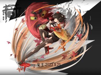 1girl absurdres autumn_leaves black_hair black_pantyhose black_wings collared_shirt commentary_request geta hat hauchiwa highres leaf mask pantyhose red_eyes red_footwear red_headwear shameimaru_aya shirt tengu-geta tengu_mask tokin_hat torn_clothes torn_footwear torn_pantyhose touhou white_shirt wings woshijuezhu