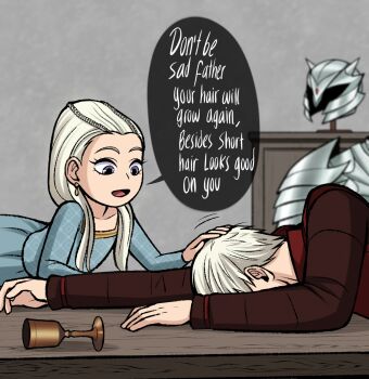 a_song_of_ice_and_fire ackerbangbang aemon_targaryen blue_dress child comforting cup dress english_text father_and_daughter highres house_of_the_dragon purple_eyes rhaenys_targaryen silver_armor white_hair
