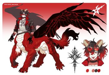 1boy adoptable arm_tattoo bangle belt black_belt black_choker black_hair black_jacket bracelet centauroid chain chain_necklace choker claws closed_mouth collarbone color_guide colored_extremities commentary cross cross_necklace ear_piercing eyewear_on_head feathers full_body gradient_hair grey_shirt hair_between_eyes highres horns jacket jewelry leg_tattoo looking_at_viewer male_focus medium_hair monster_boy multicolored_hair multiple_legs necklace nyahu_backup open_clothes open_jacket open_mouth original pawpads piercing red_eyes red_hair shirt short_hair smile solo standing standing_on_three_legs sunglasses tail tattoo taur teeth tongue_piercing twitter_username two-tone_hair upper_teeth_only wings