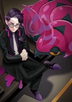 1boy absurdres black-framed_eyewear black_jacket black_pants closed_mouth collared_shirt commentary_request corbeau_(pokemon) frown gen_5_pokemon glasses highres interlocked_fingers jacket male_focus necktie nintendo open_clothes open_jacket own_hands_together pants pokemon pokemon_(creature) pokemon_legends:_z-a purple_shirt purple_shoes round_eyewear scolipede shirt shoes short_hair sitting white_necktie yellow_eyes yosshii_(yossie255)