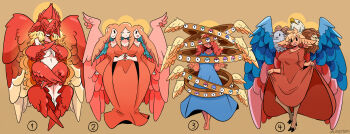 4girls absurdres angel angel_wings biblically_accurate_angel bird blue_dress breasts brown_background cleavage commentary convenient_censoring dress eagle english_commentary extra_breasts extra_eyes feathered_wings goat halo highres hooves humanization large_breasts lion long_hair multiple_girls multiple_heads multiple_wings murgoten navel nude numbered orange_dress original red_dress seraph wings