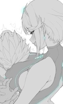 1boy 1girl armpit_crease bare_shoulders blush breast_press breasts chest_jewel commentary_request competition_swimsuit covered_erect_nipples earrings from_side greyscale hand_on_another&#039;s_head heart hetero highres jewelry large_breasts monochrome omomochi one-piece_swimsuit open_mouth pushing pyra_(pro_swimmer)_(xenoblade) pyra_(xenoblade) rex_(xenoblade) short_hair sidelocks simple_background sketch smile spot_color swimsuit tiara upper_body white_background xenoblade_chronicles_(series) xenoblade_chronicles_2