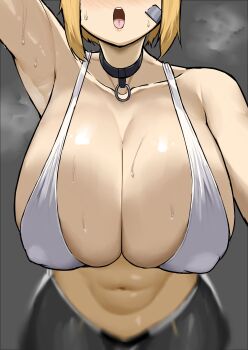 1girl :d absurdres bandaid bandaid_on_cheek bandaid_on_face black_gloves blurry blush breasts choker cleavage collarbone depth_of_field gloves goddess_of_victory:_nikke goma. green_eyes hanging_breasts highleg highres holding huge_breasts leaning_forward maxwell_(nikke) midriff navel open_mouth orange_hair short_hair sidelocks smile sports_bra steaming_body towel two-tone_gloves white_sports_bra