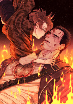 Rule 34 | 2boys, absurdres, android, back hair, brown shirt, bullet hole, burning, closed eyes, crying, eyelashes, fire, glowing, glowing eyes, gogglesyo, highres, imminent kiss, jacket, john connor, long sleeves, male focus, multiple boys, red eyes, shirt, short hair, t-800, terminator (series), the terminator, white shirt