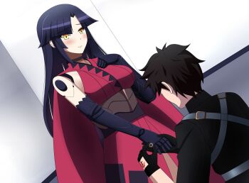 1boy 1girl black_gloves black_hair black_shirt blush breasts command_spell crumviii fate/grand_order fate_(series) fujimaru_ritsuka_(male) fujimaru_ritsuka_(male)_(polar_chaldea_uniform) gloves hand_on_own_chest highres jewelry joints katou_danzou_(fate) katou_danzou_(third_ascension)_(fate) long_hair mechanical_arms medium_breasts ring robot_girl robot_joints shirt wedding_ring yellow_eyes