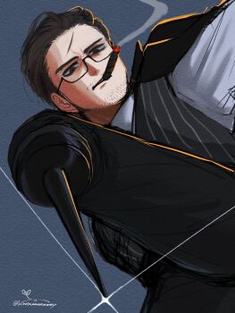 1boy beard_stubble black_jacket black_vest brown_hair cigar facial_hair from_below furrowed_brow glasses gregor_(project_moon) hair_slicked_back highres imminent_stomping jacket jacket_on_shoulders kinomeeeeeeey limbus_company male_focus night_awls_(identity)_(project_moon) official_alternate_costume peg_leg pov project_moon serious shirt smoke smoke_trail solo striped_clothes striped_vest stubble vest white_shirt