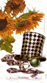 absurdres argyle_clothes argyle_hat battle_tendency commentary_request english_text family_bonding flower hat headband highres jojo_no_kimyou_na_bouken no_humans phantom_blood purple_headband steel_ball_(jojo) steel_ball_run sunflower top_hat white_background yanliyvonne yellow_flower