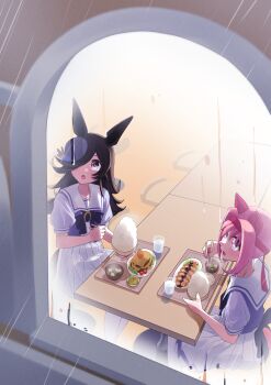 Rule 34 | 2girls, absurdres, animal ears, blush, brown hair, chopsticks, commentary request, dress, ear covers, food, freely2327, hair over one eye, hamburger steak, haru urara (umamusume), hat, headband, highres, holding, holding chopsticks, horse ears, horse girl, indoors, long hair, looking through window, mini hat, multiple girls, on stool, open mouth, parted bangs, pink hair, pleated dress, purple dress, purple eyes, rain, red headband, rice, rice shower (umamusume), sailor collar, sailor dress, school uniform, short sleeves, sidelocks, sitting, table, thighhighs, through window, tilted headwear, tracen school uniform, two-tone dress, umamusume, white dress, white sailor collar, white thighhighs