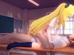 1boy 1girl 3d animated black_legwear blonde_hair blush board_eraser censored chair chalkboard classroom clock clothed_sex cowgirl_position desk full_body hair_ornament hetero indoors konjiki_no_yami long_hair mm-star moaning on_desk school_chair school_desk sex socks sound straddling tagme to_love-ru twintails vaginal very_long_hair video window yuuki_rito