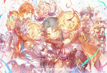 5girls 6+boys absurdres aether_(genshin_impact) arm_up black_hair blonde_hair blue_hair bow braid cape character_name character_request chicken_(food) closed_eyes commentary_request confetti dress facial_mark flower food forehead_mark ganyu_(genshin_impact) gauntlets genshin_impact hair_between_eyes happy_birthday highres hug laughing lumine_(genshin_impact) multiple_boys multiple_girls open_mouth paimon_(genshin_impact) party_popper pechka qiqi_(genshin_impact) shirt smile striped_bow tartaglia_(genshin_impact) venti_(genshin_impact) white_dress white_flower white_shirt xiao_(genshin_impact) yellow_eyes