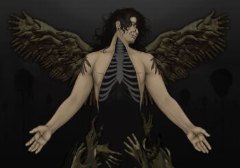 1boy black_hair commentary cowboy_shot deadbodyhubby english_commentary exposed_bone hand_wings head_tilt highres hole_in_chest hole_on_body male_focus messy_hair original outstretched_arms ribs scar scar_on_hand short_hair too_many_hands wings