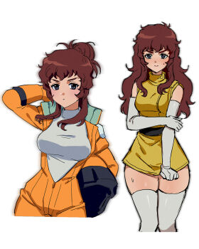 Rule 34 | 1girl, amuro ray, belt, blush, breasts, brown hair, commentary request, elbow gloves, formal clothes, genderswap, gloves, gundam, helmet, highres, holding, jacket, long hair, looking at viewer, mecha pilot suit, messy hair, military, military uniform, mobile suit gundam, ponytail, simple background, suit, thighhighs, white background, white thighhighs, yy0880yy
