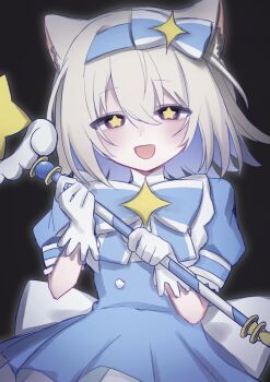 1girl animal_ear_fluff animal_ears arazan_(ara_arazan24) black_background blue_dress blue_hair bow_hairband cat_ears colored_inner_hair dress gloves hair_between_eyes hairband half-closed_eyes hashtag-only_commentary holding holding_wand ima_sugu_rinne_(vocaloid) indie_virtual_youtuber magical_girl medium_hair multicolored_hair open_mouth puffy_short_sleeves puffy_sleeves purple_eyes sayonaka_(vtuber) short_sleeves simple_background smile solo sparkle star-shaped_pupils star_(symbol) star_in_eye symbol-shaped_pupils symbol_in_eye virtual_youtuber wand white_gloves white_hair