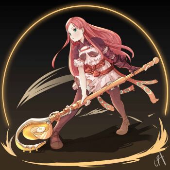 1girl absurdres armor belt_pouch blue_eyes brown_shoes brown_thighhighs dress final_fantasy final_fantasy_tactics_advance full_body gauntlets hair_ornament hairpin highres holding holding_staff holding_weapon long_hair looking_at_viewer pouch purple_dress purple_hair ritz_malheur shoes shoulder_pads signature simple_background single_gauntlet solo staff thighhighs ueha10 weapon