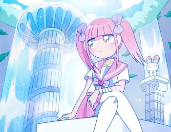 1girl animal bandaged_arm bandages bow bowtie choker closed_mouth expressionless ezaki_bisuko hair_bow heart hexagram highres jewelry jitome light_blush looking_to_the_side menhera-chan_(ezaki_bisuko) menhera-chan_(ezaki_bisuko)_(character) necklace outdoors pillar pink_hair pink_sailor_collar pink_skirt pleated_skirt purple_bow purple_bowtie purple_choker rabbit sailor_collar short_twintails sidelocks sitting skirt star_of_david twintails usatan_(ezaki_bisuko)