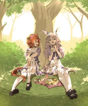 2girls animal_ears bento blue_eyes bow bowtie closed_eyes commentary_request crown cup domdam80 ear_bow ear_covers eating food grass grey_hair hair_between_eyes highres holding holding_cup holding_food horse_ears horse_girl horse_tail long_hair mini_crown multicolored_hair multiple_girls onigiri open_mouth orange_hair orange_tail outdoors pink_crown pleated_skirt puffy_short_sleeves puffy_sleeves purple_bow purple_bowtie purple_shirt sailor_collar sailor_shirt school_uniform shirt shoes short_hair short_sleeves single_ear_cover sitting skirt smile streaked_hair t.m._opera_o_(umamusume) tail thighhighs tracen_school_uniform tree umamusume under_tree white_sailor_collar white_skirt white_thighhighs wonder_acute_(umamusume)