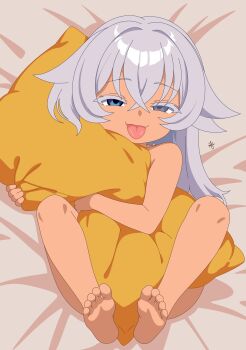 1girl :p absurdres barefoot bed_sheet blue_eyes completely_nude crossed_bangs dark-skinned_female dark_skin derivative_work feet full_body grey_hair hair_between_eyes half-closed_eyes heterochromia highres hikari_(takohoshino) hugging_object loli long_hair looking_at_viewer lying nude on_back original pillow pillow_hug smile soles solo toes tongue tongue_out traced traced_art