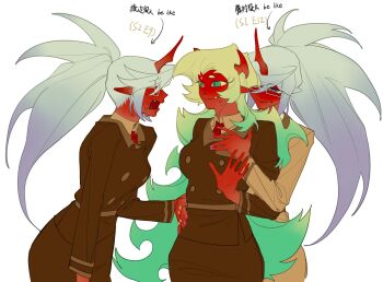 2girls blue_hair breasts colored_skin demon_girl demon_horns green_hair guru.zong highres horns incest kneesocks_(psg) large_breasts long_hair looking_at_another medium_breasts multiple_girls panty_&amp;_stocking_with_garterbelt red_skin scanty_(psg) school_uniform siblings sisters yuri