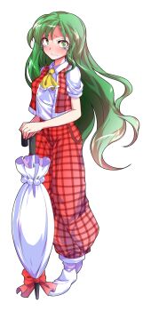 1girl alphes_(style) ascot blush breasts closed_umbrella collared_shirt commentary_request crying crying_with_eyes_open dairi full_body green_eyes green_hair highres holding holding_umbrella kazami_yuuka kazami_yuuka_(pc-98) large_variant_set long_hair looking_at_viewer open_clothes open_vest pants parody parted_lips plaid_clothes plaid_pants plaid_vest planted planted_umbrella puffy_short_sleeves puffy_sleeves red_pants red_vest shirt short_sleeves simple_background socks solo standing style_parody tachi-e tears touhou touhou_(pc-98) transparent_background umbrella variant_set very_long_hair vest white_shirt white_socks yellow_ascot