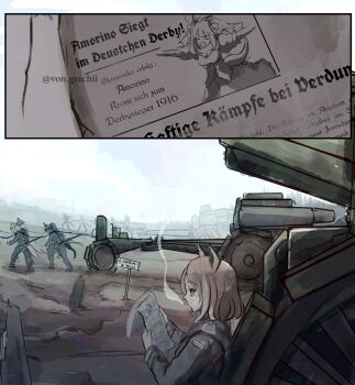 5girls animal_ears artillery cannon cigarette combat_helmet grey_jacket grey_pants helmet highres holding holding_newspaper horse_ears horse_girl horse_tail jacket military_uniform multiple_girls newspaper open_mouth original pants pulling real_life rope sign smile smoke smoking tail twitter_username umamusume von_grechii world_war_i
