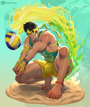 1boy absurdres arm_wrap artist_name barefoot beach_volleyball black_hair blubullaye bulge highres iron_fist_(marvel) male_focus marvel marvel_rivals sand short_hair short_shorts shorts solo volleyball yellow_shorts