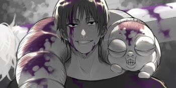 Rule 34 | 1boy, absurdres, blood, choppy bangs, commentary, english commentary, fushiguro touji, greyscale, highres, inventory curse (jujutsu kaisen), jujutsu kaisen, kuraedo, looking at viewer, male focus, monochrome, monster, purple blood, sanpaku, scar, scar on face, scar on mouth, shirt, short hair, smile, solo, spot color