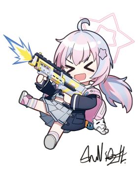 >_< 1girl :d absurdres ahoge backpack bag bag_charm black_jacket blue_archive blue_hair blush charm_(object) chibi closed_eyes commentary_request firing full_body grey_shirt grey_skirt gun hair_ornament halo highres holding holding_gun holding_weapon jacket long_hair long_sleeves low_twintails midriff_peek multicolored_hair open_clothes open_jacket open_mouth pink_hair pink_shoes pleated_skirt reisa_(blue_archive) shirt shoes shuni_valentine signature simple_background skirt smile socks solo standard_manufacturing_dp-12 star_(symbol) star_hair_ornament striped_clothes striped_socks stuffed_animal stuffed_cat stuffed_toy twintails two-tone_hair v-shaped_eyebrows very_long_hair weapon white_background xd