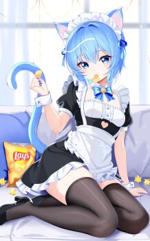 1girl absurdres animal_ears apron bag_of_chips black_dress black_shoes black_thighhighs blue_bow blue_bowtie blue_eyes blue_hair blue_nails bow bowtie breasts cat_ears cat_girl cat_tail chips_(food) clothing_cutout couch dress felixkohai food frilled_dress frills full_body heart_cutout highres hololive hoshimachi_suisei kemonomimi_mode lay&#039;s_(potato_chips) looking_at_viewer maid maid_apron maid_headdress mouth_hold on_couch pillow potato_chips puffy_short_sleeves puffy_sleeves shoes short_hair short_sleeves sitting small_breasts star_(symbol) star_in_eye symbol_in_eye tail thighhighs virtual_youtuber white_apron wrist_cuffs yokozuwari