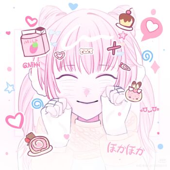 1girl ^_^ aaquantiwatepifashichangxumisanbing blue_bow blush bow cake chinese_commentary closed_eyes closed_mouth coat commentary_request double_bun drink_carton fake_facial_hair fingerless_gloves food fur-trimmed_sleeves fur_trim gloves guardian_floof_(infinity_nikki) hair_bow hair_bun hair_ornament hair_scrunchie hairclip hands_on_own_cheeks hands_on_own_face happy heart highres infinity_nikki long_hair long_sleeves milk_carton nikki_(nikki) nikki_(series) parallel_hairclips pink_hair pudding scarf scrunchie smile solo sparkle speech_bubble spoken_heart star_(symbol) straight-on strawberry_milk swiss_roll twintails upper_body very_long_hair watermark white_background white_coat white_gloves white_scrunchie xiaohongshu_watermark yellow_scarf