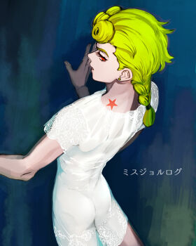 1boy androgynous ass back birthmark blonde_hair braid commentary_request earrings giorno_giovanna hand_on_wall jewelry jojo_no_kimyou_na_bouken long_hair looking_back male_focus nightgown red_eyes simple_background solo translucent vento_aureo zakki