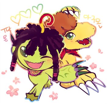 Rule 34 | agumon, blush, booombom, claws, digimon, digimon (creature), digimon adventure, disguise, green eyes, looking at viewer, one eye closed, open mouth, palmon, running, scarf, wink