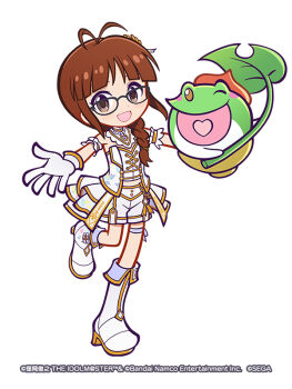 Rule 34 | 1girl, akizuki ritsuko, antenna hair, armband, bare shoulders, blunt bangs, blush, boots, braid, brown eyes, brown hair, company name, copyright name, detached collar, donguri gaeru, frog, glasses, gloves, hair ornament, holding, holding leaf, idol, idol clothes, idolmaster, idolmaster (classic), jacket, leaf, long hair, looking at viewer, midriff, official art, open mouth, outstretched arms, puyopuyo, puyopuyo quest, shirt, shorts, sidelocks, single braid, smile, thigh strap, white background, white boots, white gloves, white jacket, white shirt, white shorts