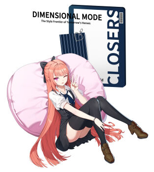 Rule 34 | 1girl, ;p, ass, belt, black belt, black bow, block heels, blue necktie, bow, brown shoes, buttons, closers, collared shirt, diagonal-striped clothes, diagonal-striped necktie, double-breasted, english text, full body, hair bow, hand on own leg, hand up, high-waist skirt, highres, knees up, long hair, looking at viewer, luna aegis (closers), miniskirt, necktie, on cushion, one eye closed, orange hair, pink eyes, puffy short sleeves, puffy sleeves, shirt, shoes, short sleeves, sitting, skirt, solo, striped clothes, suspender skirt, suspenders, tongue, tongue out, v, very long hair, wallet chain, white background, white shirt