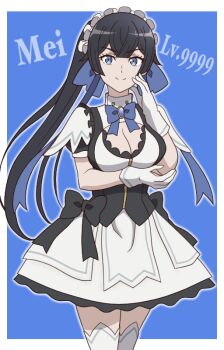Rule 34 | 1girl, arm rest, black bow, black hair, blue background, blue bow, blue bowtie, blue eyes, blue gemstone, blunt bangs, blunt ends, border, bow, bowtie, breasts, character name, cleavage cutout, closed mouth, clothing cutout, commentary request, dress, dress bow, elbow rest, frilled dress, frills, gem, gloves, hair bow, hand on own cheek, hand on own face, large breasts, long hair, looking at viewer, maid, maid headdress, mei (mugen gacha), mugen gacha, onomekaman, outside border, ponytail, puffy short sleeves, puffy sleeves, short sleeves, sidelocks, simple background, smile, solo, thighhighs, white border, white dress, white gloves, white thighhighs
