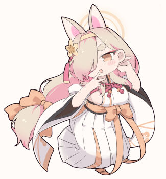 1girl :d animal_ears blue_archive blush_stickers bow breasts brown_bow brown_eyes brown_hair chibi full_body hair_bow hair_over_one_eye hakama hakama_skirt head_tilt highres japanese_clothes kaho_(blue_archive) large_breasts long_hair long_sleeves looking_at_viewer low-tied_long_hair miranofuudoria mole mole_under_mouth obi open_mouth sash short_eyebrows sideboob simple_background skirt smile solo thick_eyebrows very_long_hair white_background white_hakama wide_sleeves