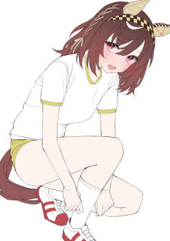 1girl :d absurdres animal_ears blush braid brown_hair buena_vista_(umamusume) checkered_headband gym_shirt gym_uniform hair_ornament headband highres horse_ears horse_girl horse_tail kawai_ritsu_(rits_meg) long_hair looking_at_viewer on_one_knee open_mouth pale_skin pink_eyes red_shoes shirt shoes short_sleeves shorts simple_background smile sneakers socks solo solo_focus tail thighs umamusume white_background white_shirt white_socks yellow_shorts
