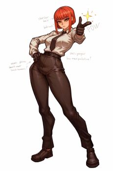 1girl alternate_hair_length alternate_hairstyle belt black_belt black_gloves black_necktie black_pants black_shoes breasts chainsaw_man closed_mouth collared_shirt commentary dress_shirt english_commentary english_text finger_gun gloves highres long_hair looking_at_viewer makima_(chainsaw_man) necktie pants pointing pointing_at_viewer red_hair redteneri shirt shoes short_hair_with_long_locks simple_background solo sparkle standing white_background white_shirt yellow_eyes