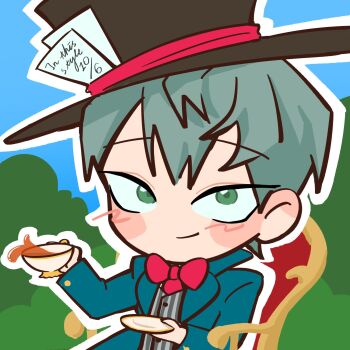 alice&#039;s_adventures_in_wonderland alien_stage black_hat blue_coat blue_sky bow bowtie bush chair coat commentary cosplay cup english_commentary flower green_eyes grey_hair hat highres holding holding_cup holding_saucer mad_hatter_(alice_in_wonderland) mad_hatter_(alice_in_wonderland)_(cosplay) mirdilean on_chair outline red_bow red_bowtie red_flower saucer short_hair sitting sky smile teacup till_(alien_stage) top_hat white_outline