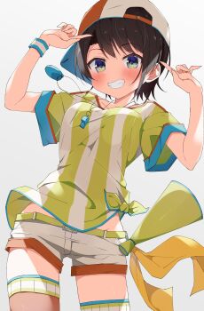 Rule 34 | 1girl, absurdres, aqua eyes, backwards hat, baseball cap, blue eyes, breasts, brown hair, commentary, cowboy shot, gradient background, grey background, grin, hands up, hat, highres, hololive, kuno (kc9s), loose clothes, loose shirt, medium breasts, megaphone, oozora subaru, oozora subaru (1st costume), pointing, pointing at self, red hat, red thighhighs, shirt, short hair, short shorts, short sleeves, shorts, simple background, smile, solo, stopwatch, stopwatch around neck, striped clothes, striped shirt, sweatband, swept bangs, t-shirt, thighhighs, tied shirt, towel, two-tone headwear, two-tone shirt, untranslatable commentary, vertical-striped clothes, vertical-striped shirt, virtual youtuber, watch, whistle, whistle around neck, white hat, white shirt, white shorts, wristband, yellow shirt