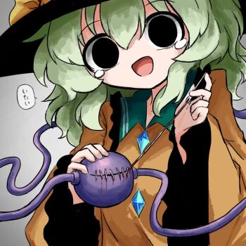 1girl bags_under_eyes black_eyes black_hat blood bow buttons diamond_button eyeball frilled_shirt_collar frilled_sleeves frills green_hair hat hat_bow heripantomorrow komeiji_koishi needle sewing sewing_needle shirt smile speech_bubble stitched_eye tears third_eye touhou translated wide_sleeves yellow_bow yellow_shirt