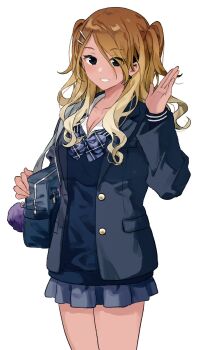 1girl bad_id bad_twitter_id bag bag_charm black_eyes blonde_hair blue_bag blue_bow blue_bowtie blue_jacket blue_skirt blue_sweater bow bowtie breasts charm_(object) cleavage cowboy_shot dark-skinned_female dark_skin gradient_hair grin hair_ornament hairclip highres idolmaster idolmaster_shiny_colors izumi_mei jacket long_hair loose_bowtie migolu miniskirt multicolored_hair open_clothes open_jacket parallel_hairclips pleated_skirt school_bag school_uniform simple_background skirt smile solo sweater two_side_up v-neck waving white_background