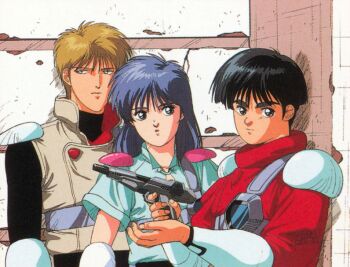 Rule 34 | 1980s (style), akai koudan zillion, apple (zillion), armor, black eyes, black hair, blonde hair, blue eyes, blue hair, bowl cut, bracer, champ (zillion), energy gun, gun, handgun, holding, holding gun, holding weapon, j.j. (zillion), long hair, long sleeves, looking at viewer, non-web source, official art, oldschool, ray gun, retro artstyle, scan, short hair, short sleeves, shoulder armor, sleeveless, sleeveless jacket, thick eyebrows, turtleneck, weapon