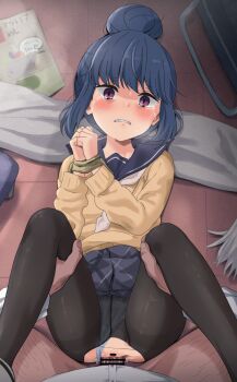 1boy 1girl bar_censor black_pantyhose blue_hair blue_panties blush bound bound_wrists censored clenched_hands clenched_teeth clitoral_hood clitoris clothed_sex clothes_lift clothing_aside commission crying crying_with_eyes_open dark-skinned_male dark_skin dot_nose empty_eyes from_above grey_scarf hair_bun hands_up hetero highres indoors knees_up leg_grab long_sleeves looking_at_viewer lying missionary on_back on_floor own_hands_together panties panties_aside panties_under_pantyhose pantyhose penis pixiv_commission purple_eyes pussy pussy_juice rape sailor_collar scarf school_uniform scowl sex shima_rin short_hair sincos single_hair_bun skirt skirt_around_belly skirt_lift solo_focus spread_legs sweater tears teeth thigh_grab thighband_pantyhose torn_clothes torn_legwear underwear unworn_scarf vaginal veins veiny_penis yellow_sweater yurucamp