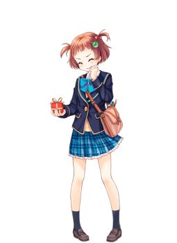 1girl bag black_socks blue_bow blue_bowtie blue_skirt bow bowtie brown_hair brown_shoes cardigan closed_eyes full_body gift girlfriend_(kari) green_hair_ornament hair_bow jacket kishida_chie loafers miniskirt official_art plaid_clothes plaid_skirt pleated_skirt qp:flapper school_uniform shirt shoes shoulder_bag simple_background skirt smile socks solo thighs transparent_background white_shirt yellow_cardigan