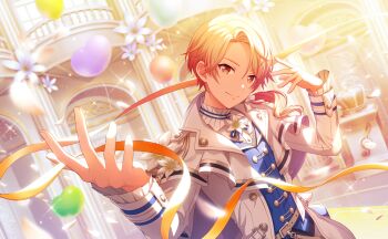 Rule 34 | 1boy, balloon, belt, blonde hair, closed mouth, coat, colorful palette, crown, flower, game cg, grey belt, heart balloon, highres, male focus, official alternate costume, official alternate hairstyle, official art, orange eyes, orange hair, petals, project sekai, purple flower, scramble fan festa! (project sekai), smile, solo, sparkle, tenma tsukasa, third-party source, white coat, white flower