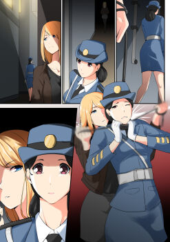 artist_request blonde_hair highres police police_uniform policewoman stalking tagme