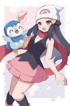 1girl :d ^_^ absurdres armpit_crease black_hair black_shirt black_socks blush closed_eyes commentary dawn_(pokemon) feet_out_of_frame gen_4_pokemon grey_eyes hat highres long_hair looking_at_viewer miniskirt nintendo open_mouth pink_skirt piplup piyo_to_game pokemon pokemon_(creature) pokemon_dppt shirt skirt sleeveless sleeveless_shirt smile socks very_long_hair white_hat